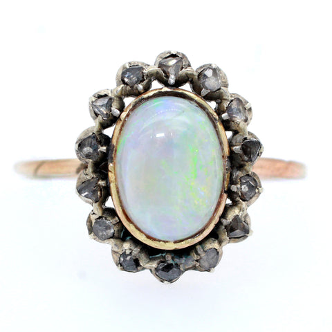 Antique Art Nouveau 0.75ct Precious Opal & Diamond Pin Conversion Ring 14k Gold