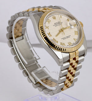 Rolex DateJust 36mm Ivory Pyramid Roman 116233 Two-Tone 18K Gold Stainless Watch
