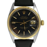 Rolex DateJust 36mm Black 1601 18K Yellow Gold Two Tone Stainless Leather Watch