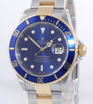 2004 PAPERS Rolex Submariner 16613 Two Tone 18k Gold Blue Dial 40mm Watch Box