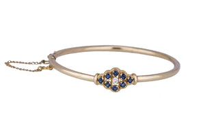 Antique Victorian 14K Yellow Gold 0.08ct Diamond Blue Sapphire Bangle Bracelet