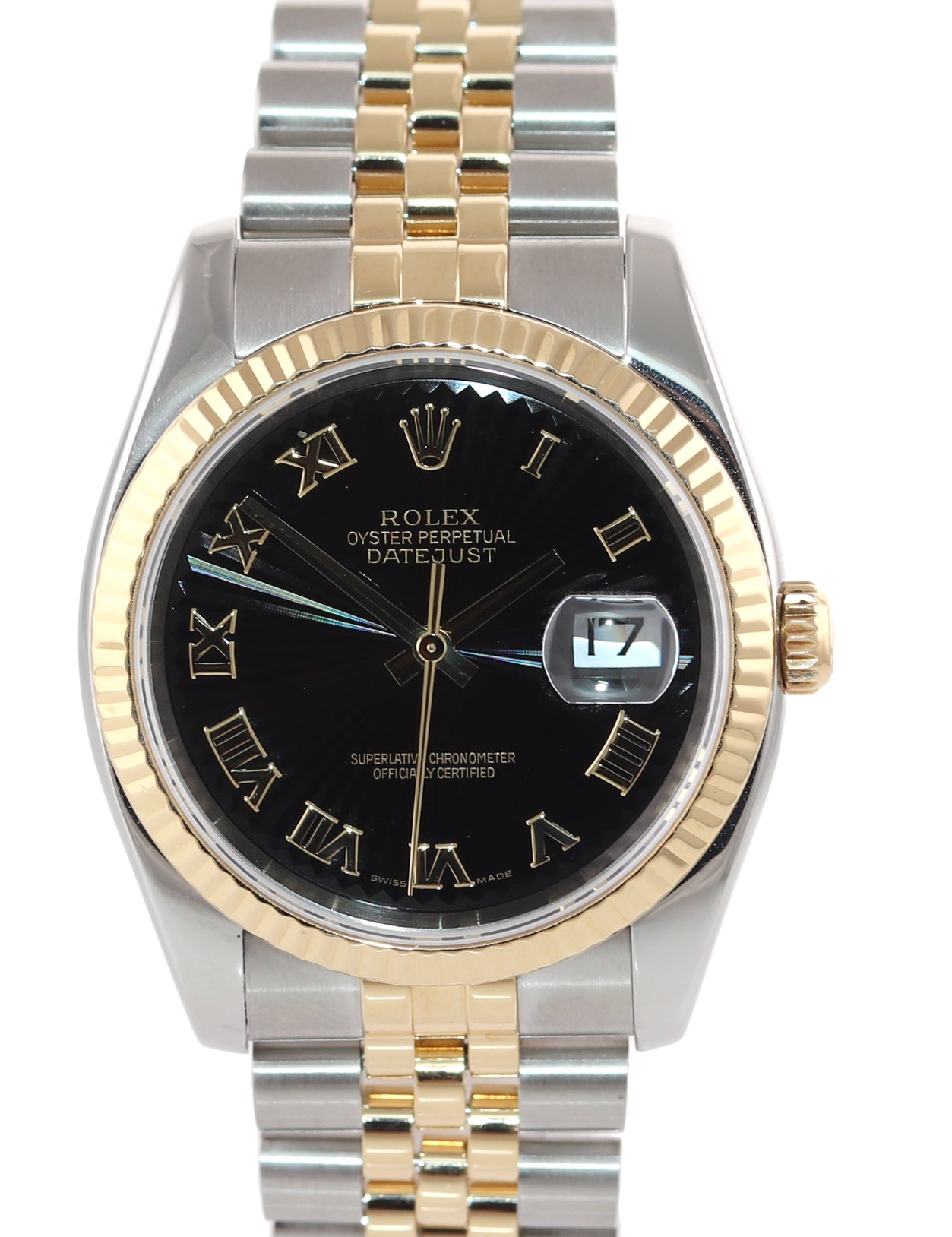 Rolex DateJust Jubilee 36mm Black Sunbeam 116233 Two Tone Yellow Gold Watch Box