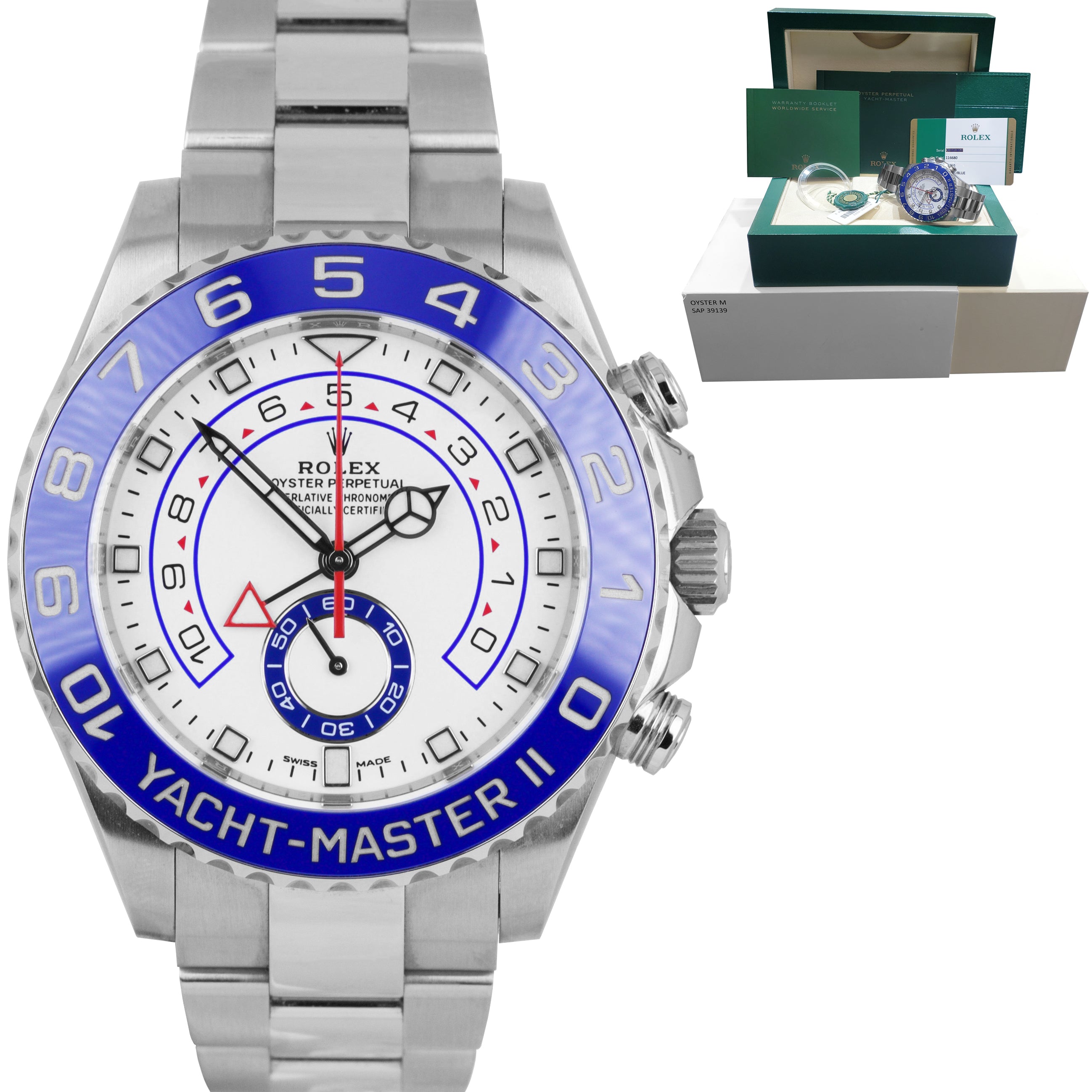 2019 Rolex Yacht-Master II 44mm MERCEDES HANDS White Blue Ceramic 116680 Watch