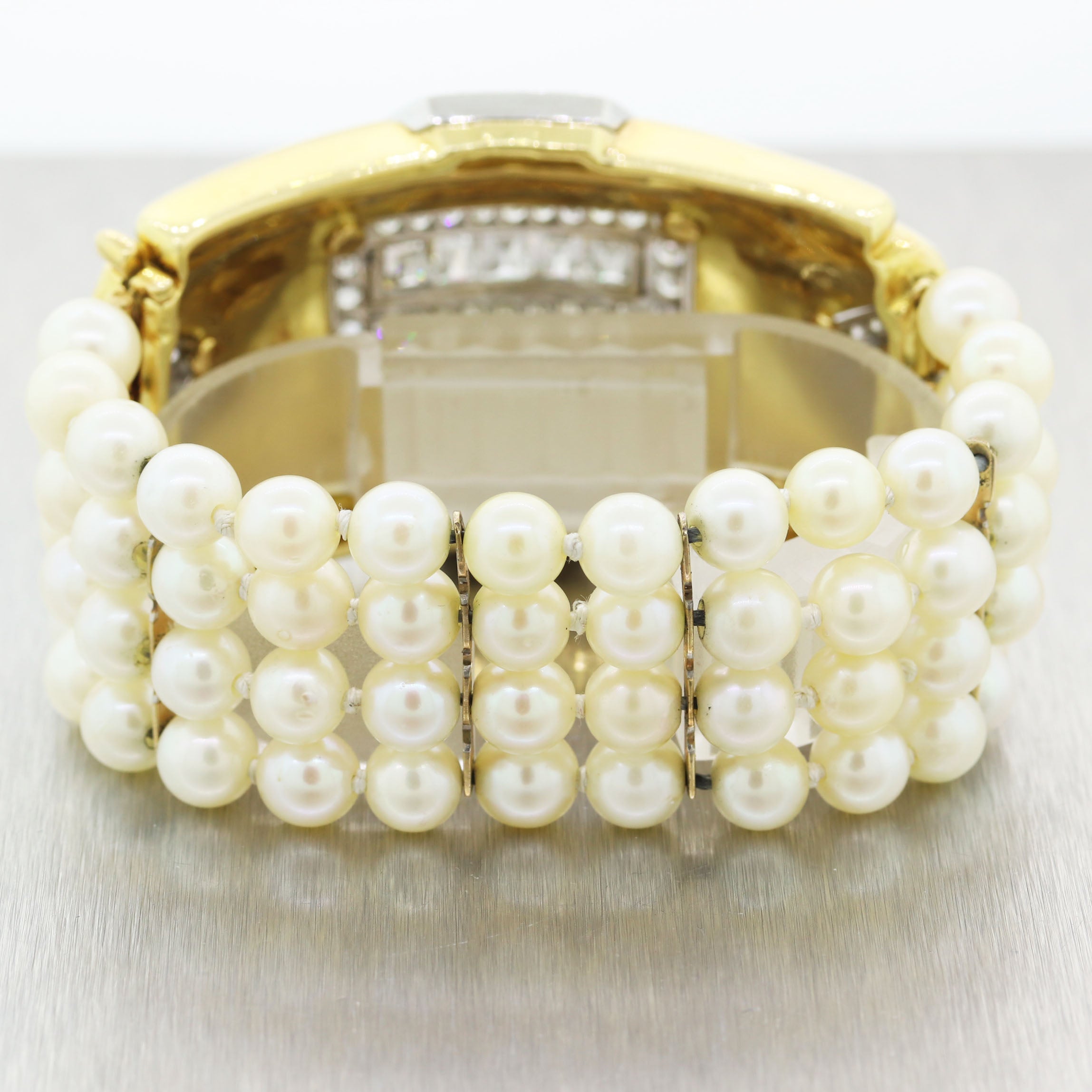 1980's Antique Art Deco Platinum & 18k Yellow Gold 10ctw Diamond Pearl Bracelet