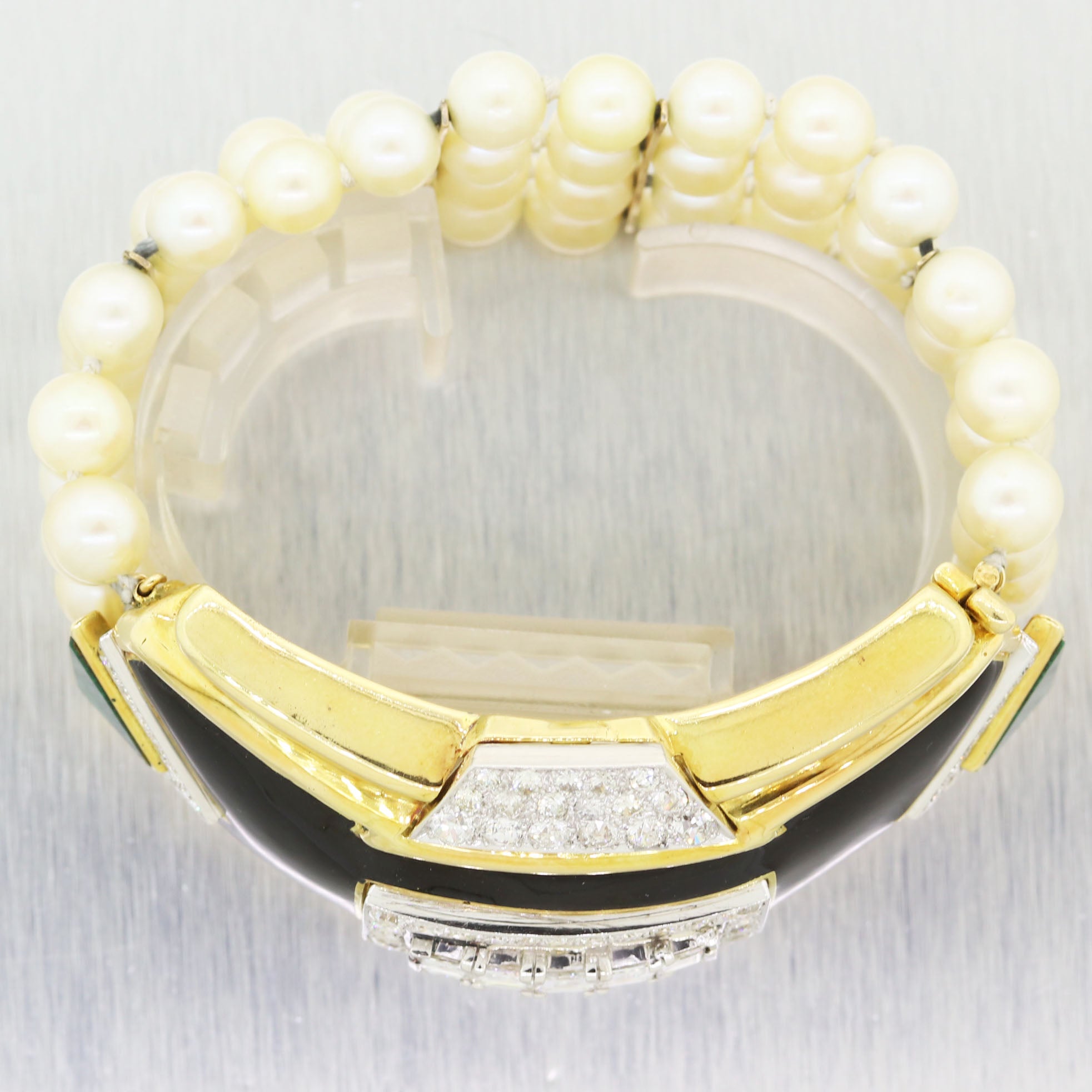 1980's Antique Art Deco Platinum & 18k Yellow Gold 10ctw Diamond Pearl Bracelet
