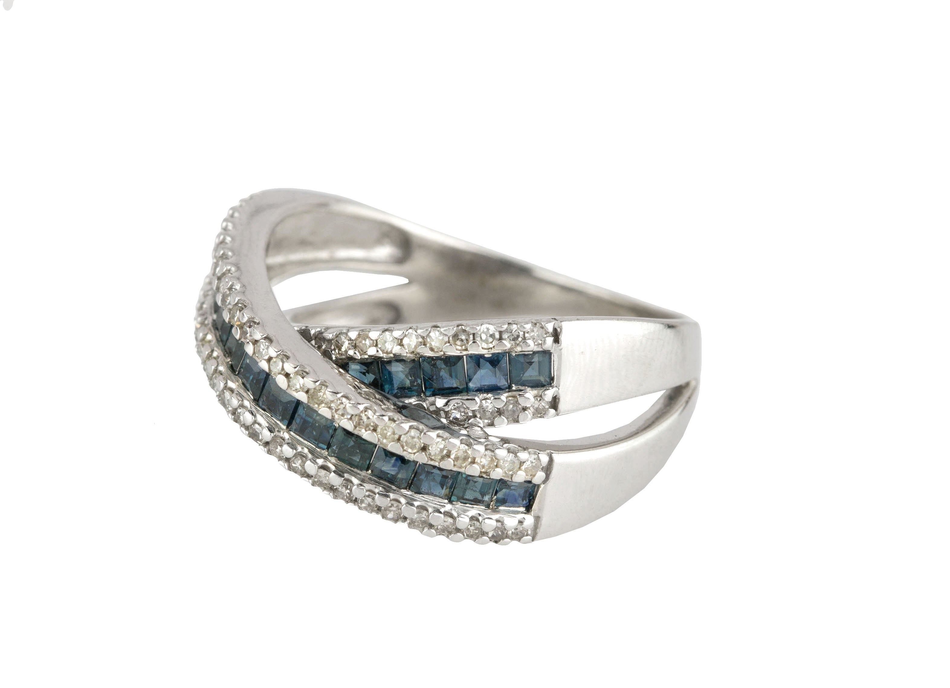 Womens Modern 14K White Gold Blue Sapphire Diamond Criss Cross X Cocktail Ring