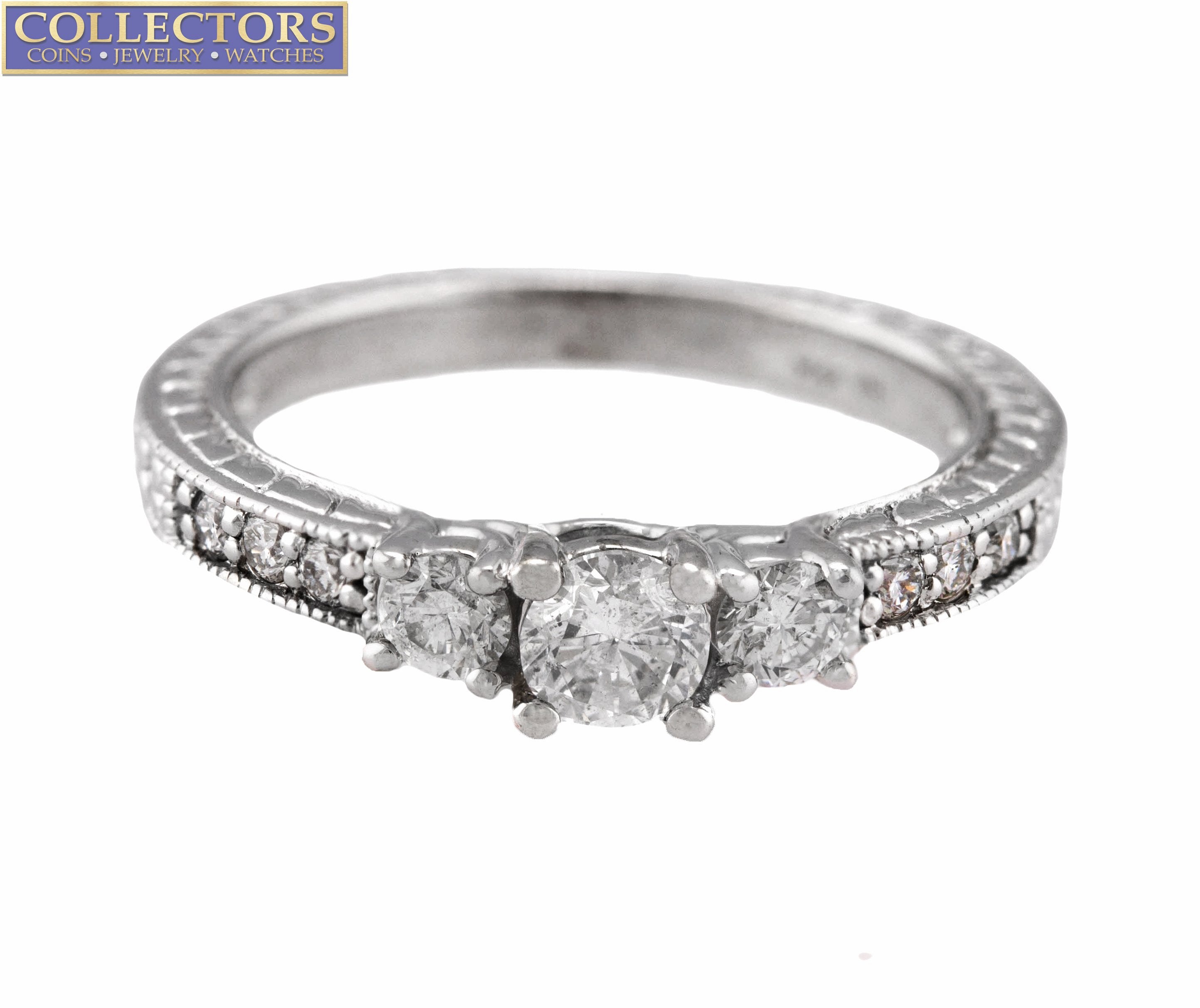 Ladies Modern 14K White Gold 0.57ctw Diamond Etched Milgrain Engagement Ring