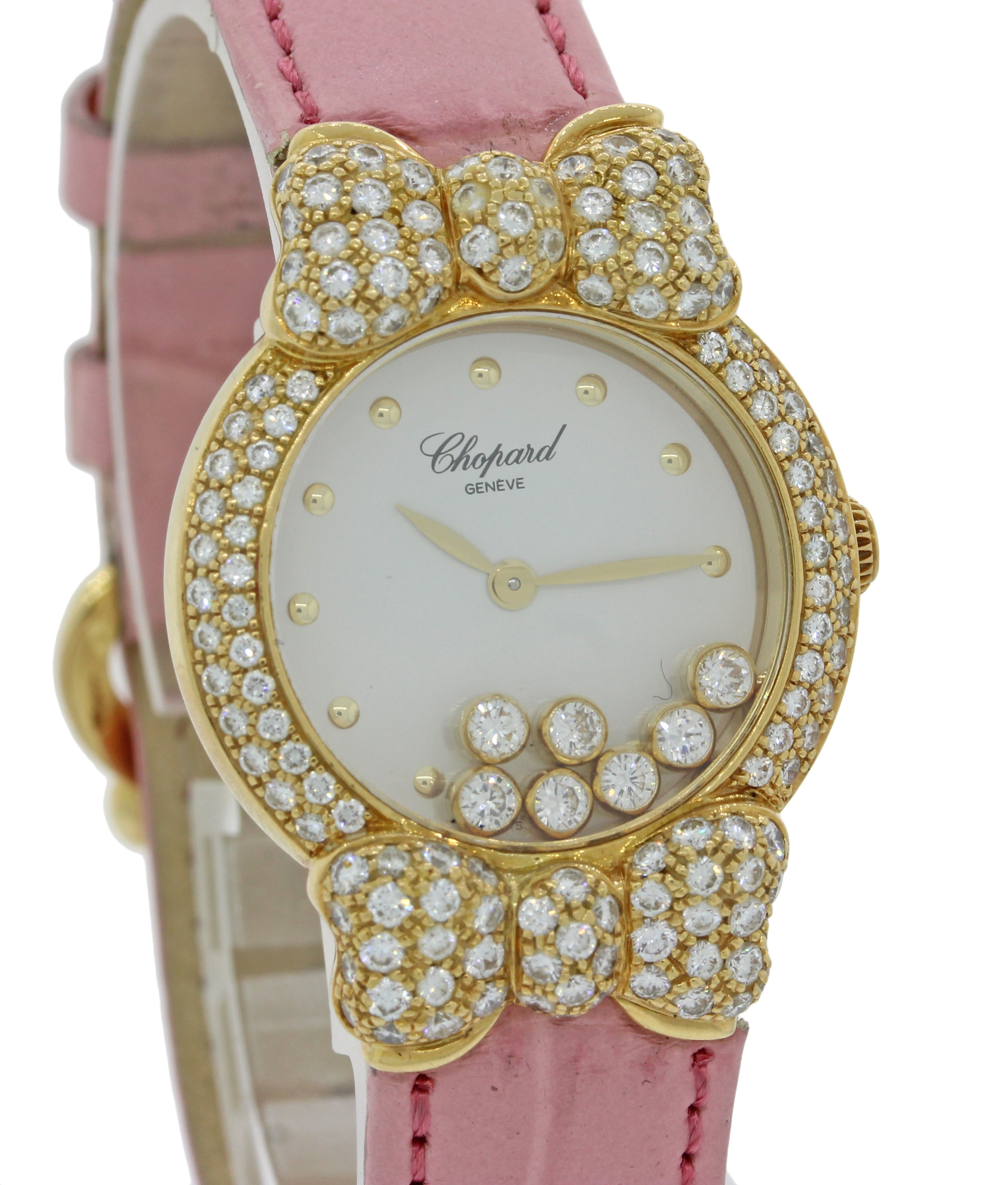 Ladies Chopard Happy 7 Floating Diamond 20/6556 18k Gold Bow Pink Watch B&P J8