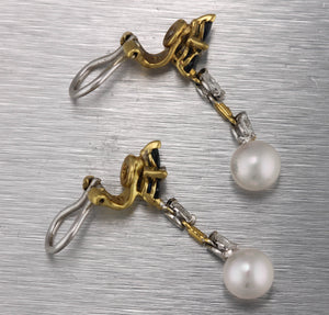 Vintage 18K Gold 0.70ctw Blue Sapphire Diamond Pearl Dangling Clip-On Earrings