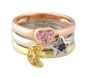 Ladies 14K Tricolor Yellow, Rose, White Gold Heart, Moon, & Stars Stackable Ring