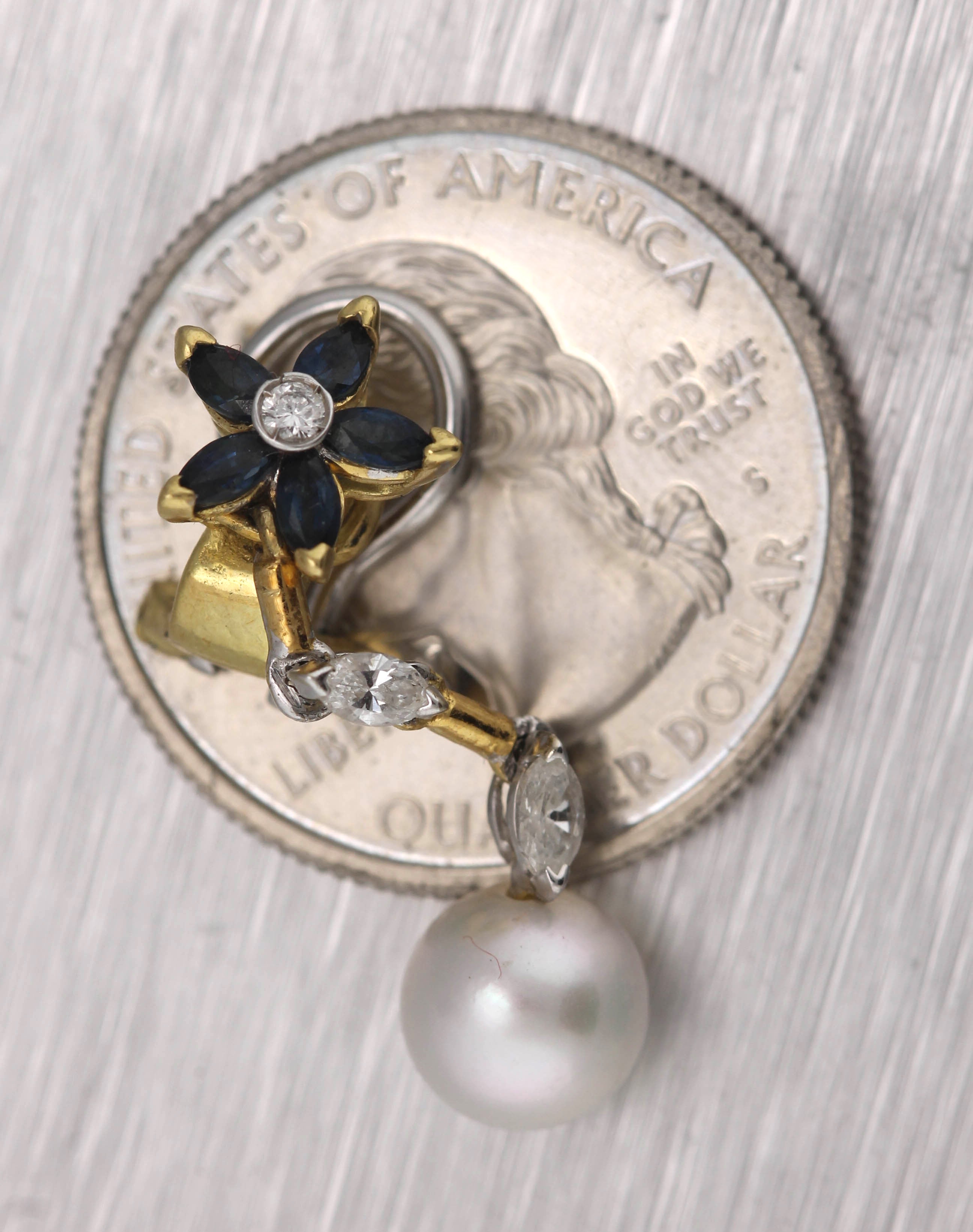 Vintage 18K Gold 0.70ctw Blue Sapphire Diamond Pearl Dangling Clip-On Earrings