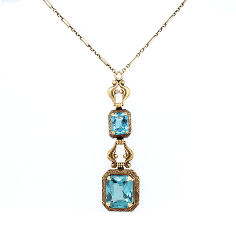 Art Nouveau 5ctw Teal Stone Rectangular Pendant 17" Necklace in 14k Yellow Gold