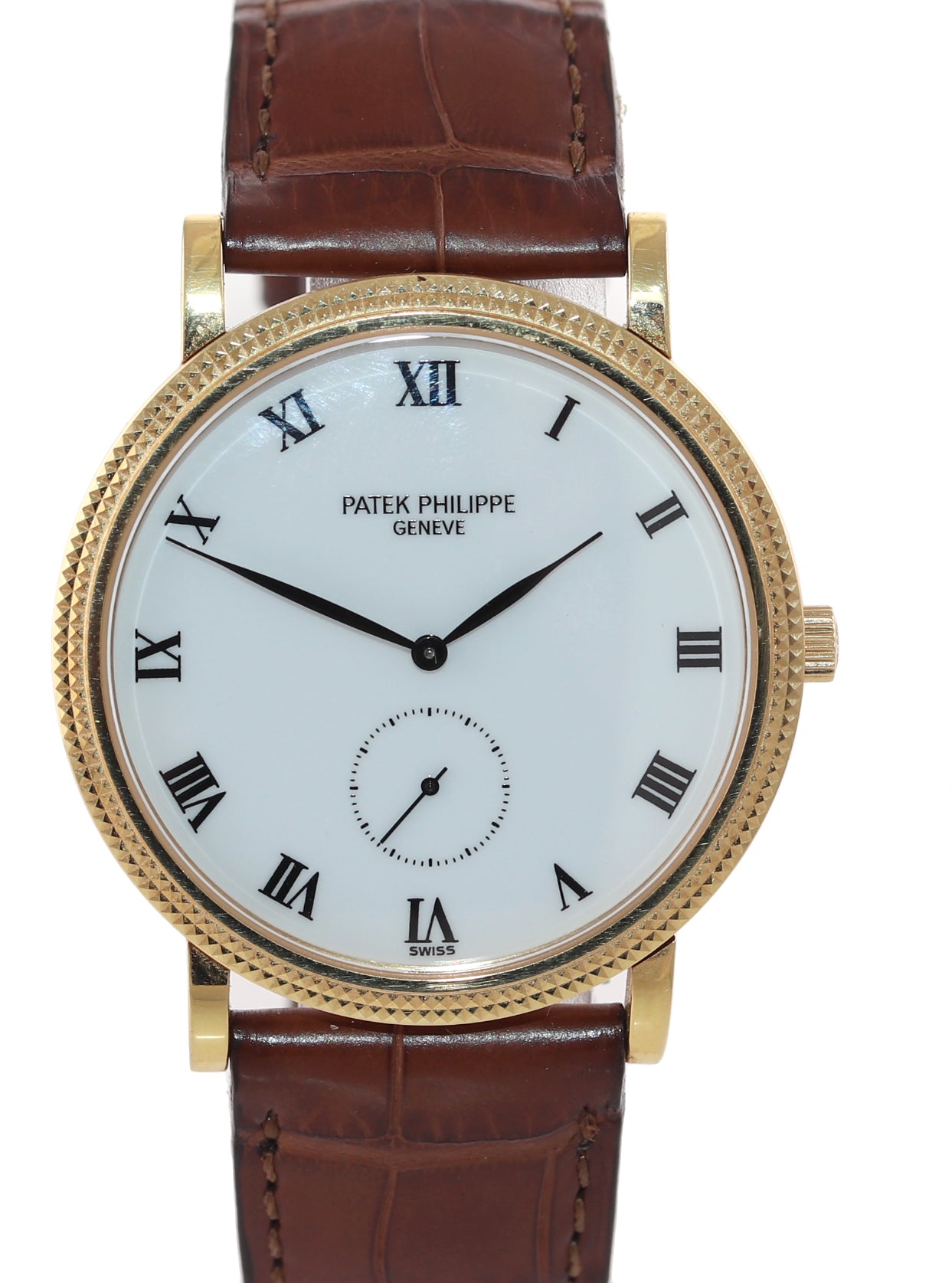 PAPERS Patek Philippe Calatrava Yellow Gold 3919J Hobnail White Leather Watch