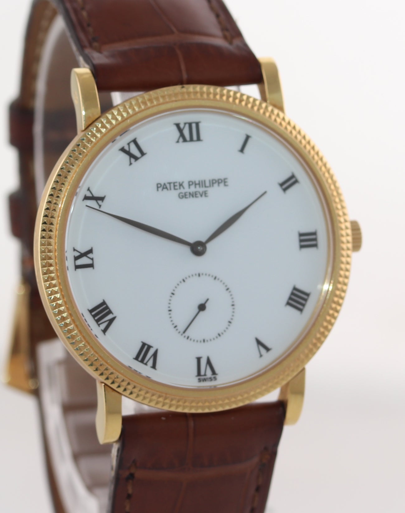 PAPERS Patek Philippe Calatrava Yellow Gold 3919J Hobnail White Leather Watch