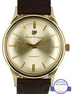 Vintage Girard Perregaux Gyromatic Silver 33mm 14K Yellow Gold Leather Watch