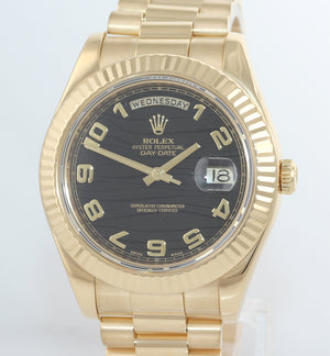 PAPERS MINT Rolex Day-Date II 41mm Black Wave President 218238 18K Gold Watch