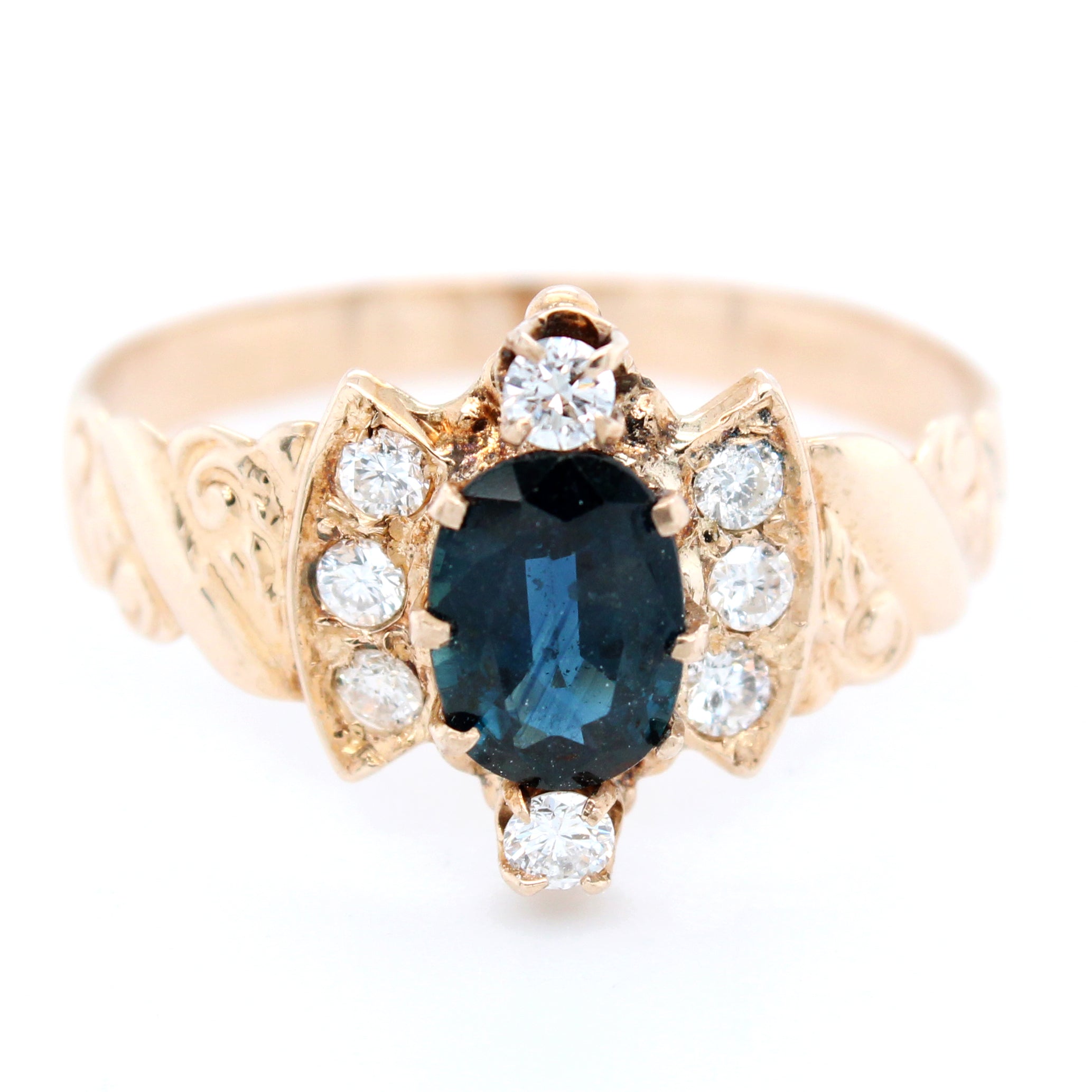 Retro 0.85ct Sapphire & Diamond Cocktail Ring in 14k Yellow Gold - Size 7.5