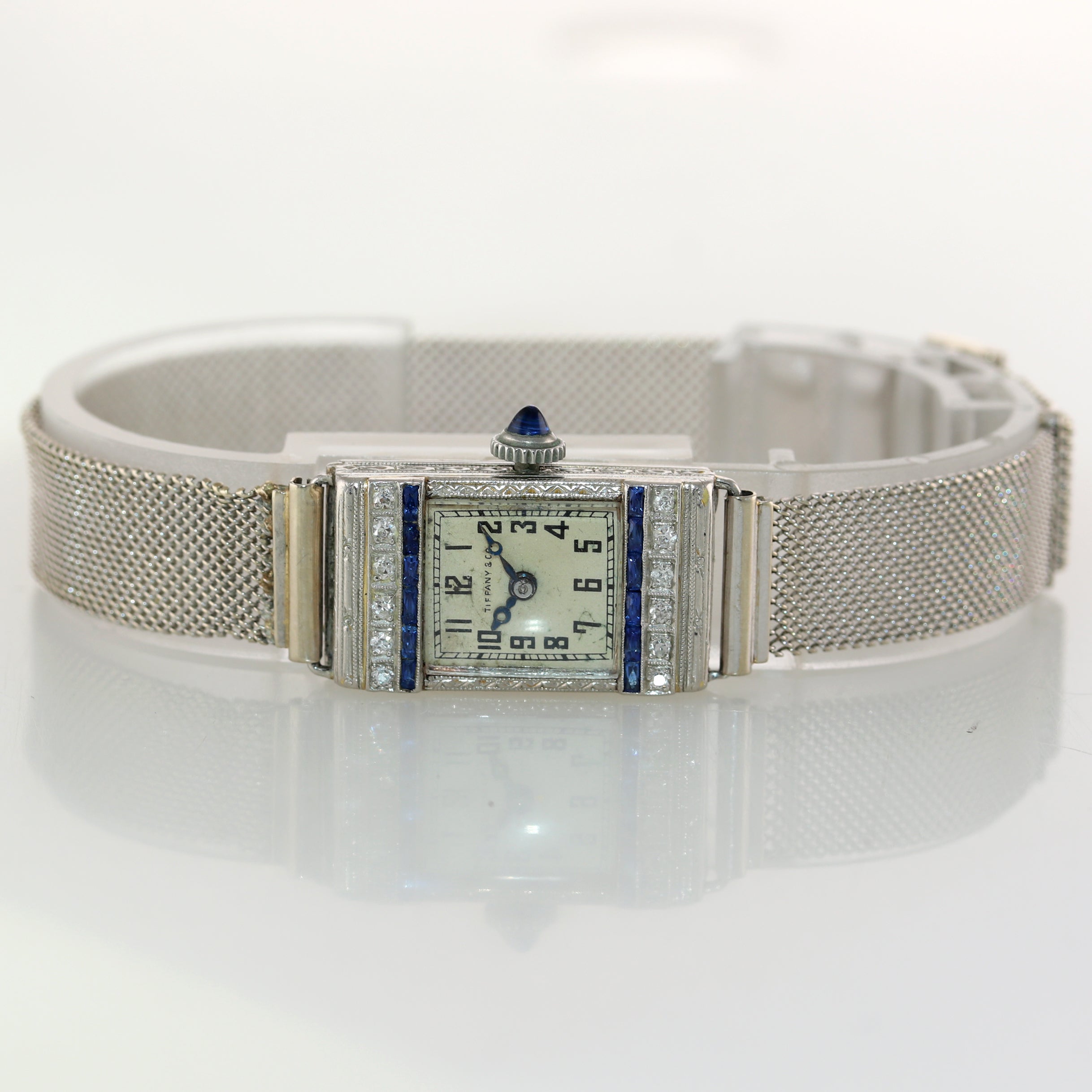 Antique Tiffany & Co. AWC Platinum 18k Yellow Gold Mesh Diamond Sapphire Watch