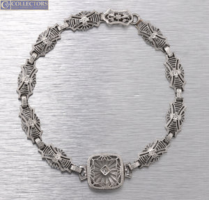 Ladies Vintage Art Deco 14K White Gold Floral Diamond Filigree Link Bracelet