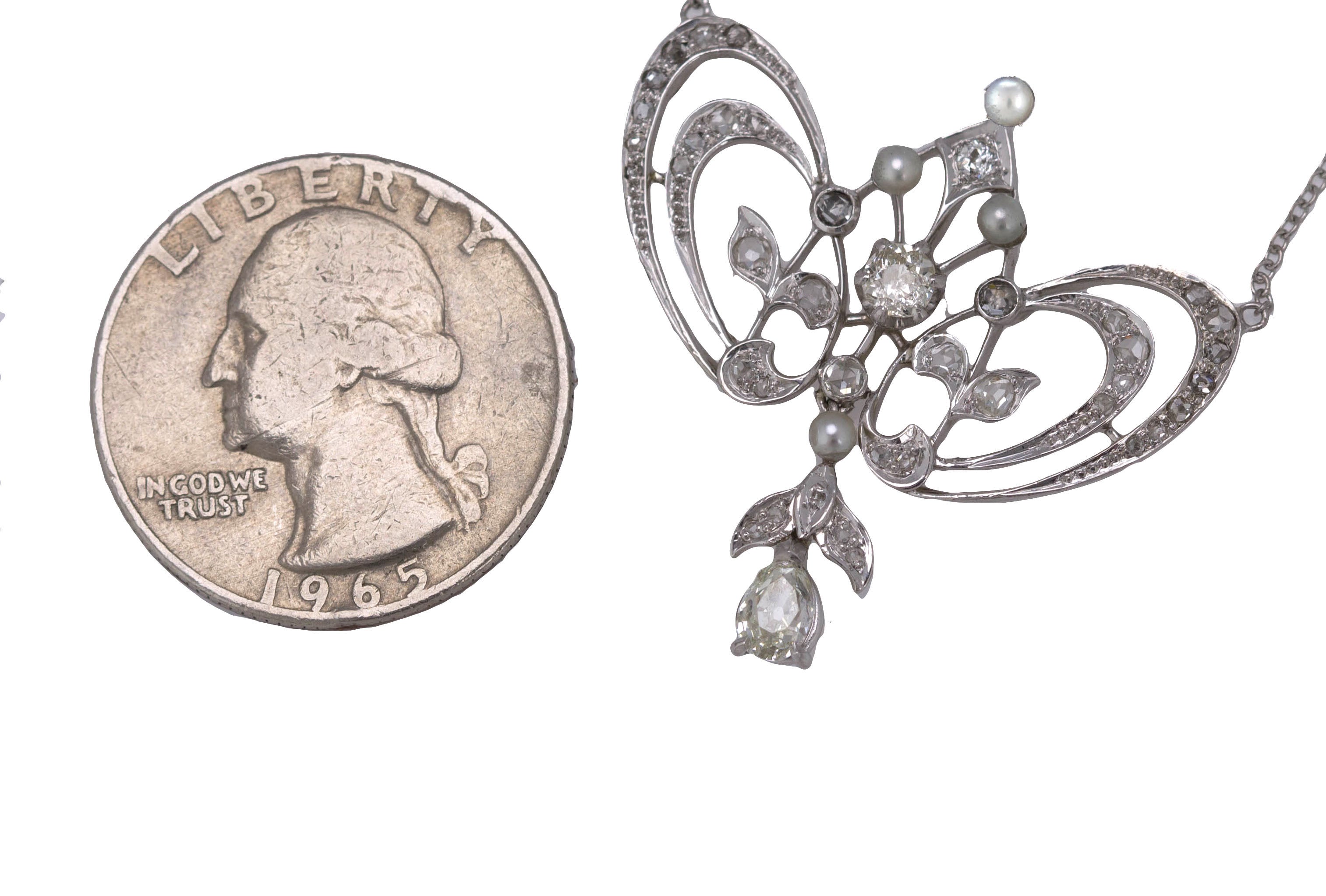 1880s Antique 14K White Gold 1.19ctw Rose Cut Diamond Lavalier 17.00" Necklace