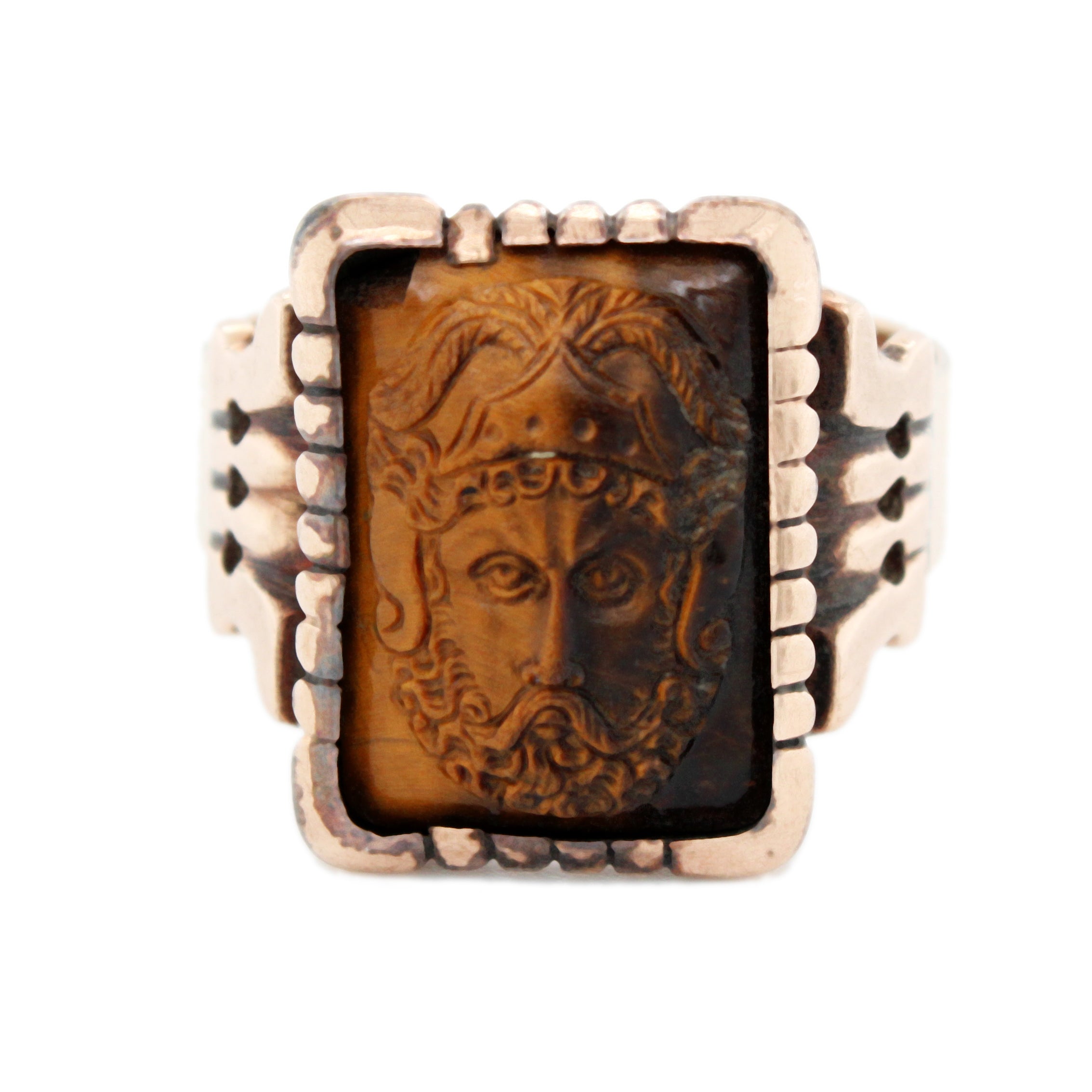 Antique Art Deco Tiger's Eye Zeus Cameo Signet Ring in 14k Rose Gold