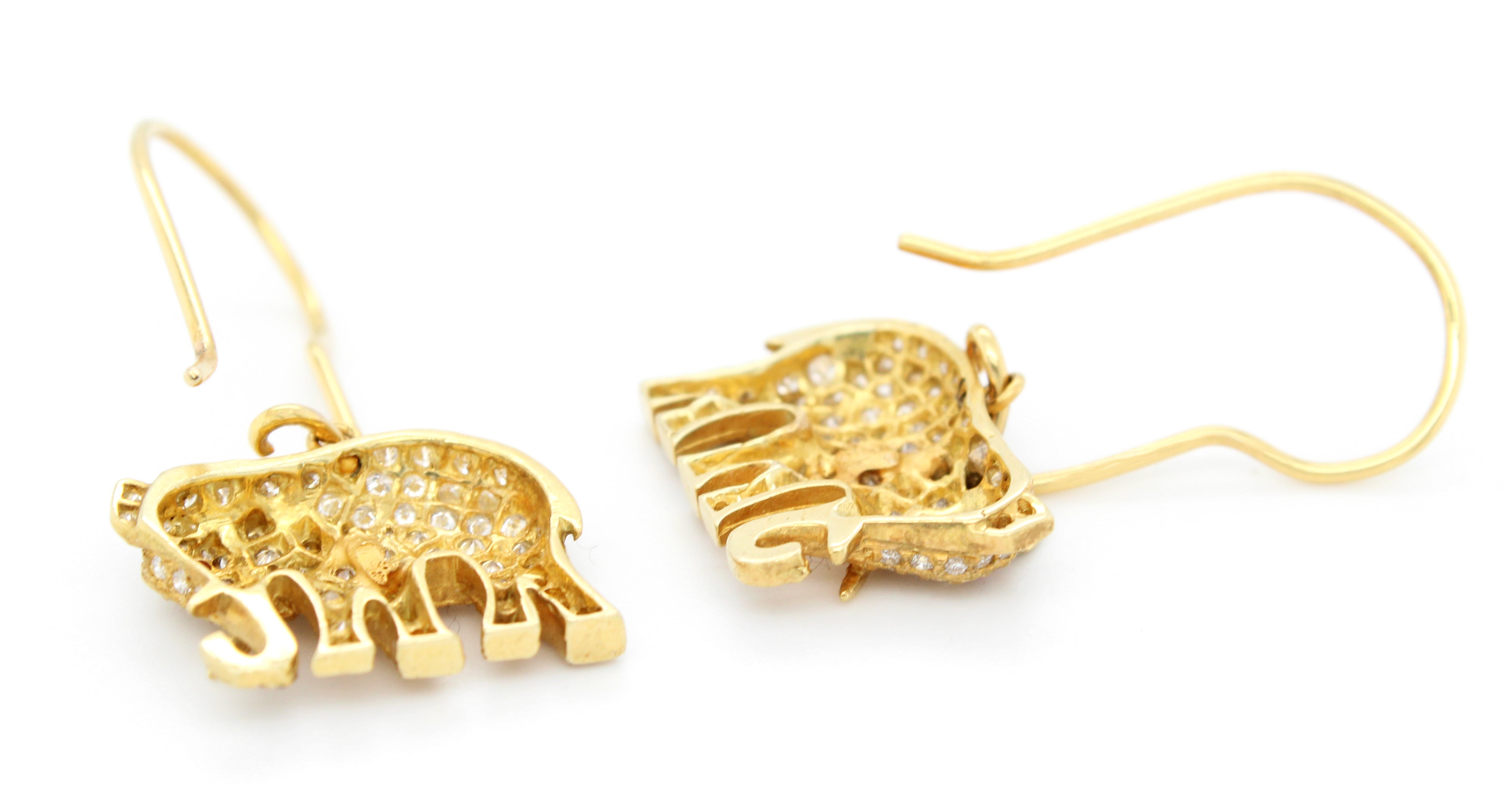 Vintage 1.50ctw Diamond & Ruby Eyed Elephant Dangle Earrings in 18k Yellow Gold