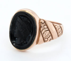 Art Nouveau Roman Soldier Onyx Cameo Signet Ring in 14k Rose Gold | Size 9.50