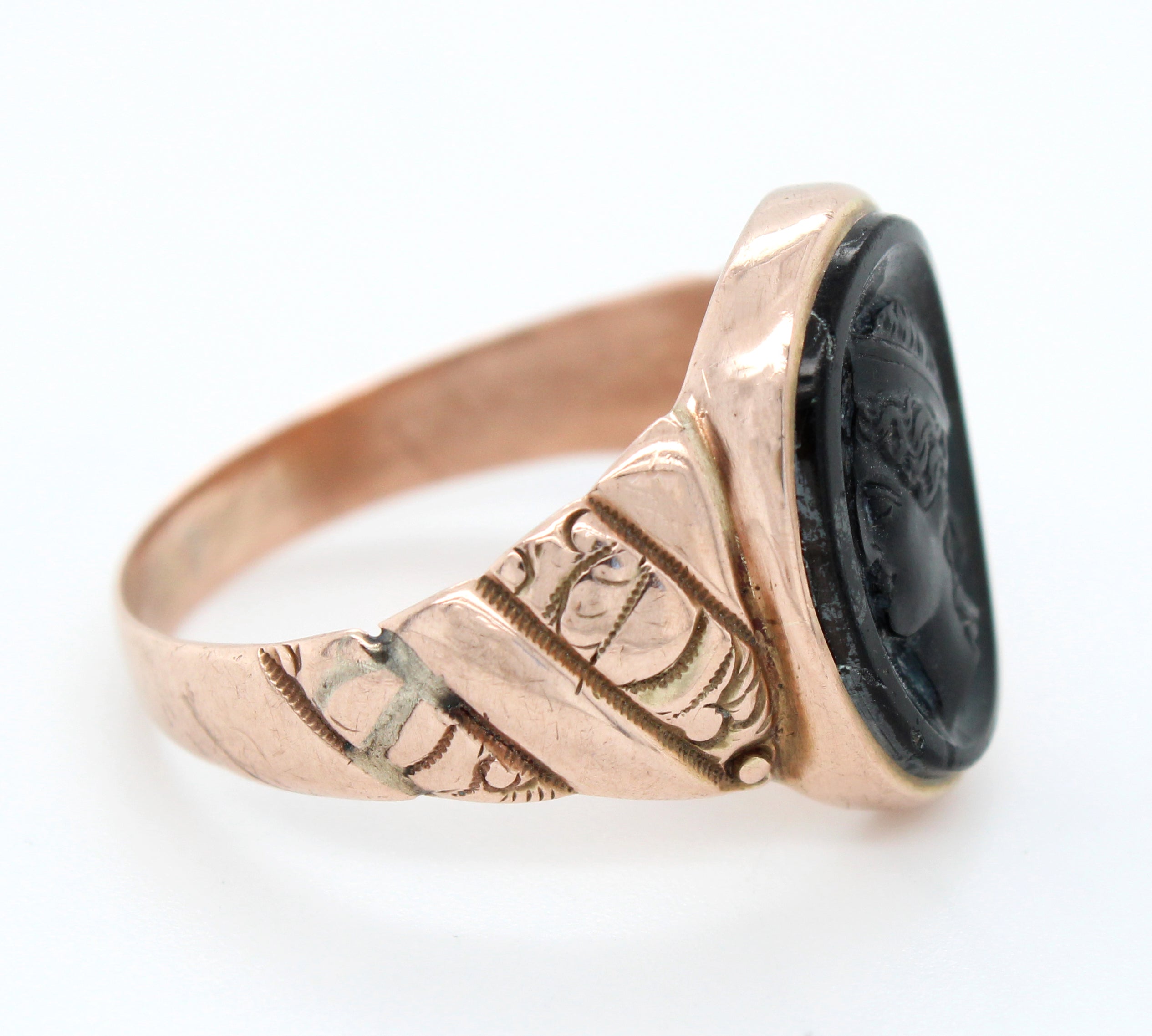 Art Nouveau Roman Soldier Onyx Cameo Signet Ring in 14k Rose Gold | Size 9.50