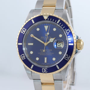 2002 PAPERS Rolex Submariner 16613 Two Tone 18k Gold Blue Dial 40mm Watch