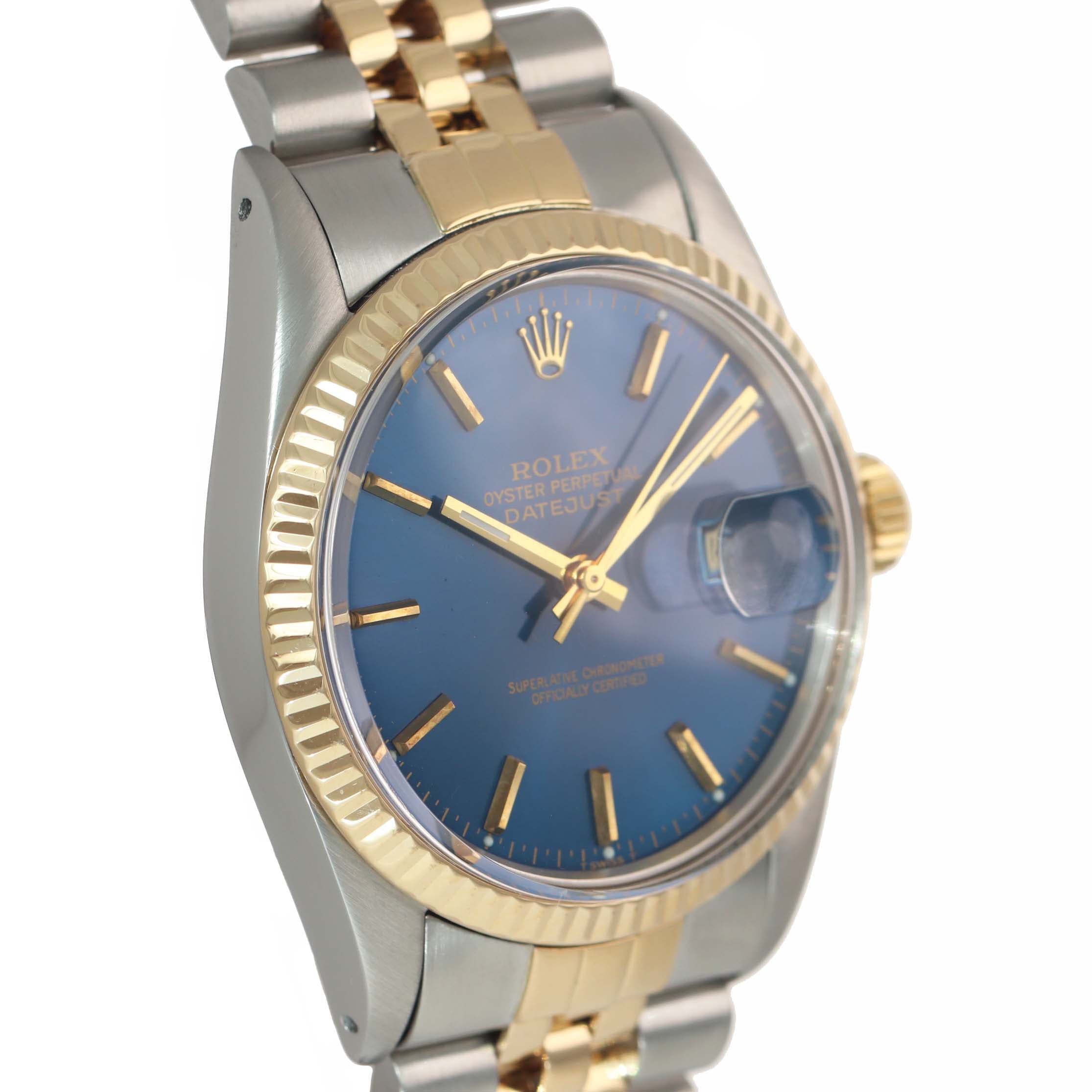 Blue Rolex DateJust 16013 two tone 18k Yellow Gold Steel Fluted Jubilee Watch