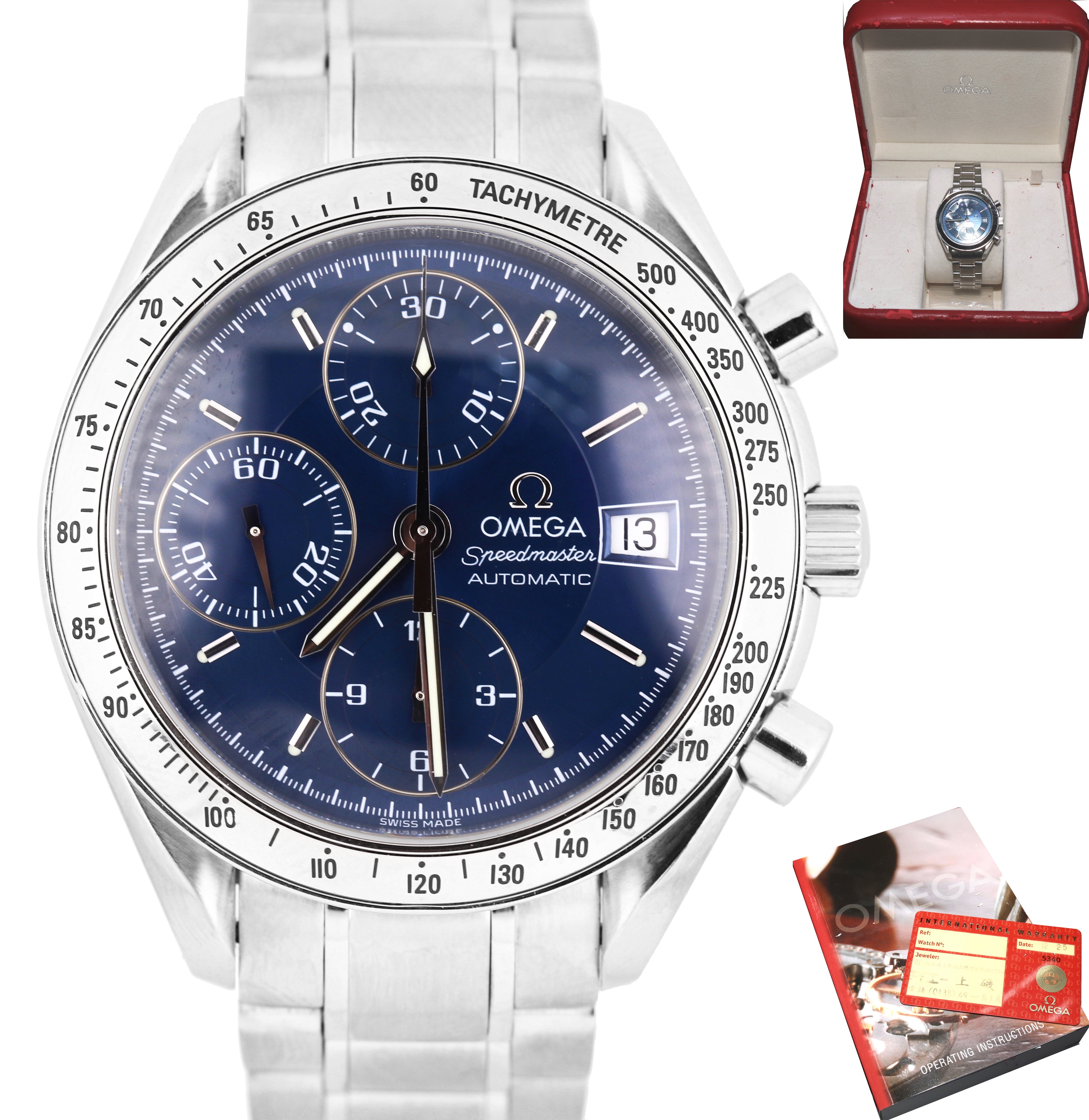 Omega Speedmaster Chronograph Blue Dial 39mm 3513.82.00 Stainless Date Watch