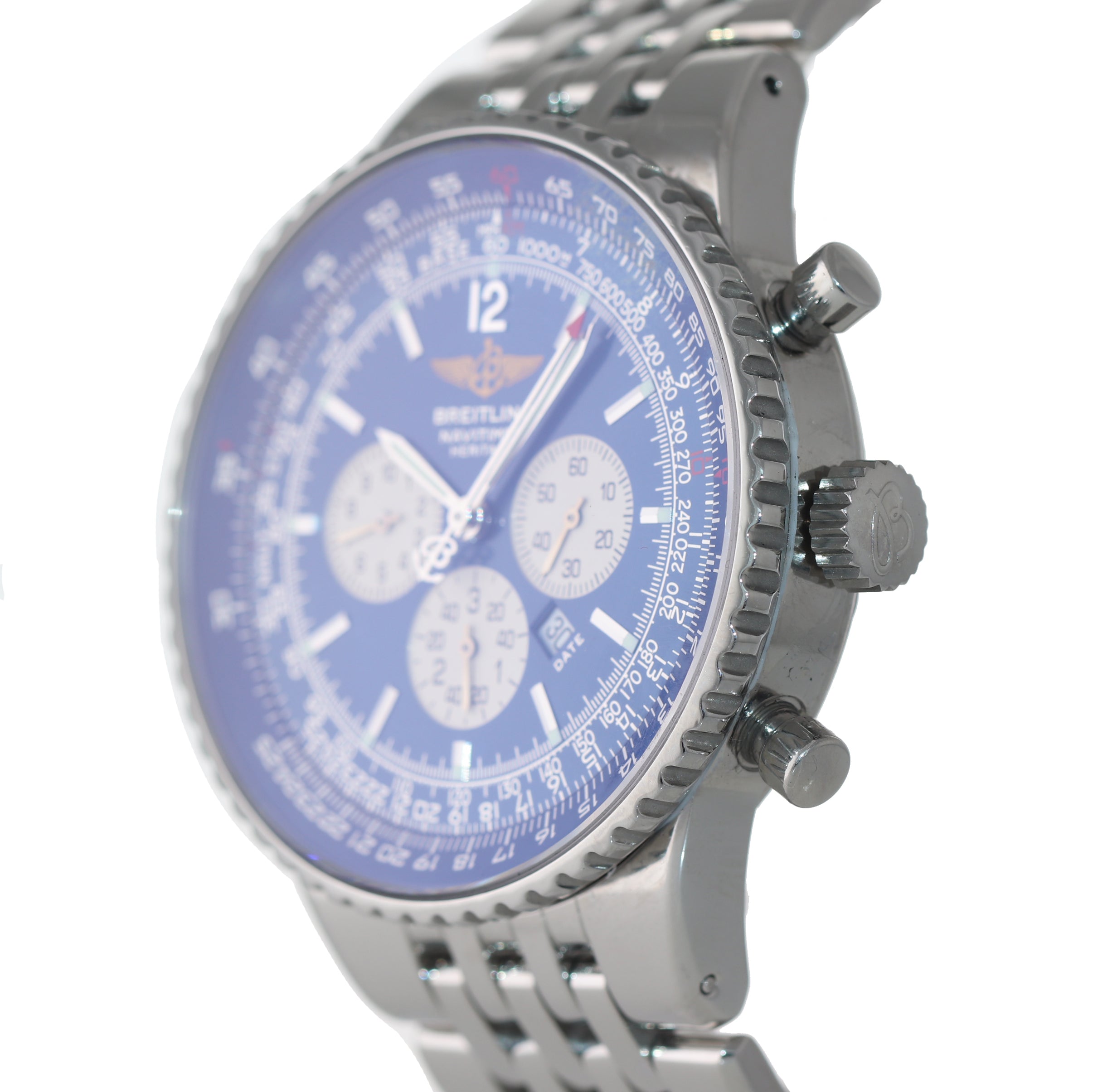 MINT Breitling Navitimer Heritage A35350 Blue Stainless Chronograph 43mm Watch