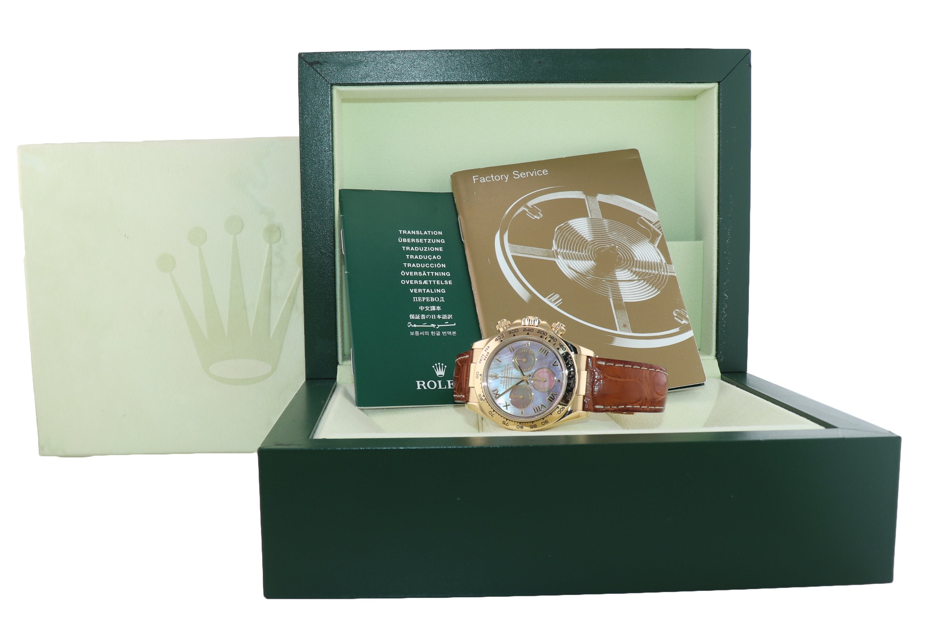 Rolex Daytona Mother of Pearl Dark MOP Roman 116518 Yellow Gold Leather Watch
