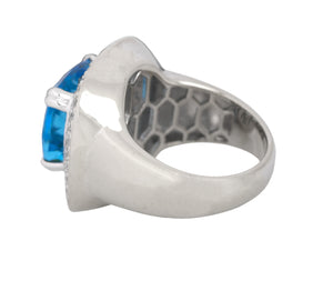 Elegant 18K White Gold 10.04ctw Blue Topaz Cushion Cut Diamond Cocktail Ring