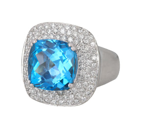 Elegant 18K White Gold 10.04ctw Blue Topaz Cushion Cut Diamond Cocktail Ring