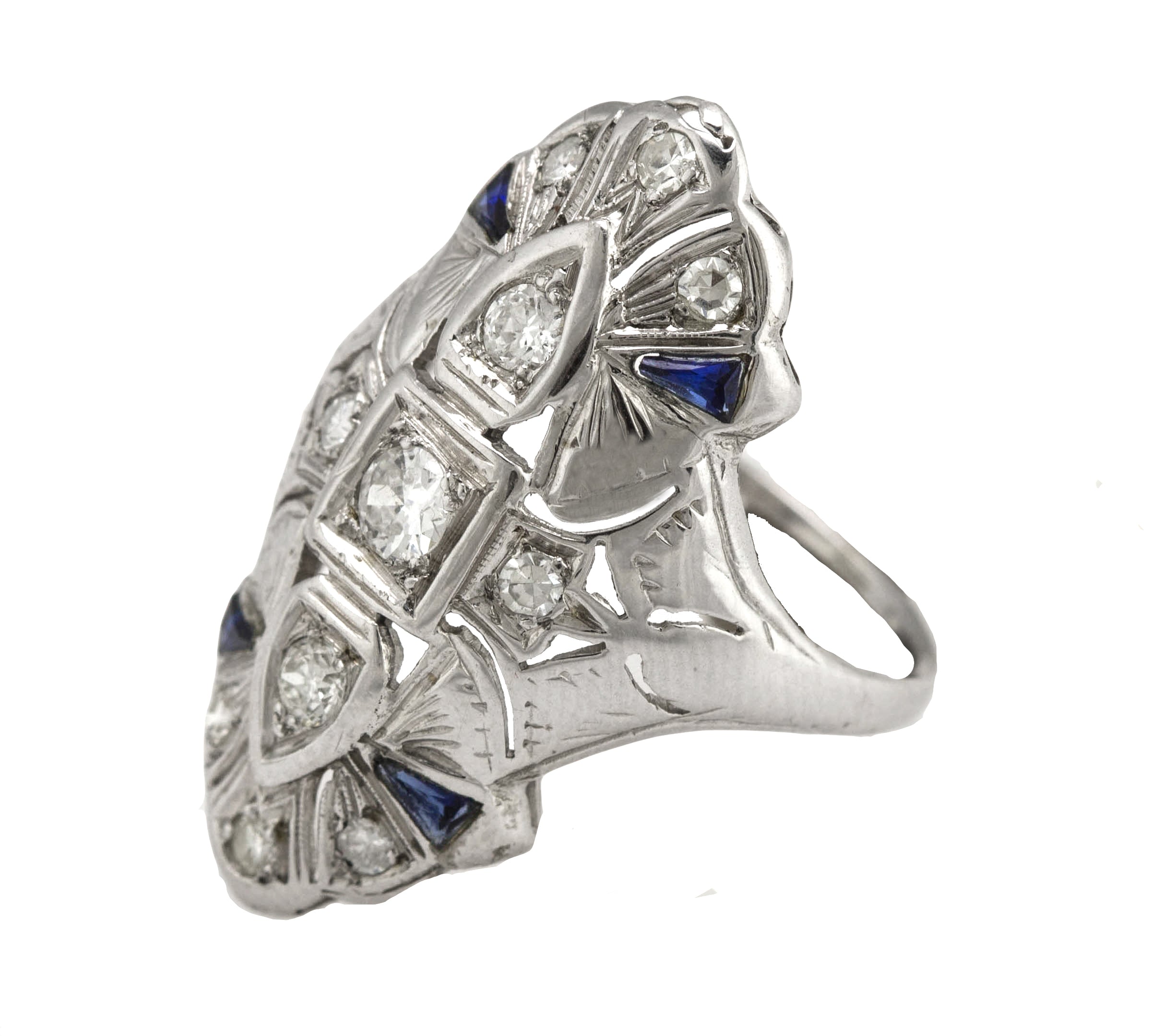 Antique Art Deco 18K White Gold 0.57ctw Diamond Blue Sapphire Filigree Ring EGL