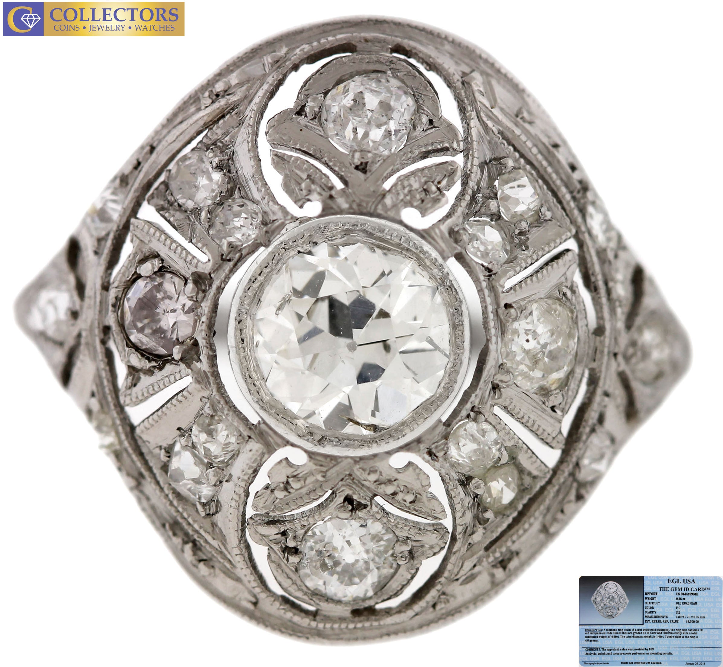 Antique Art Deco 18K White Gold 1.44ctw Old European Diamond Filigree Ring EGL