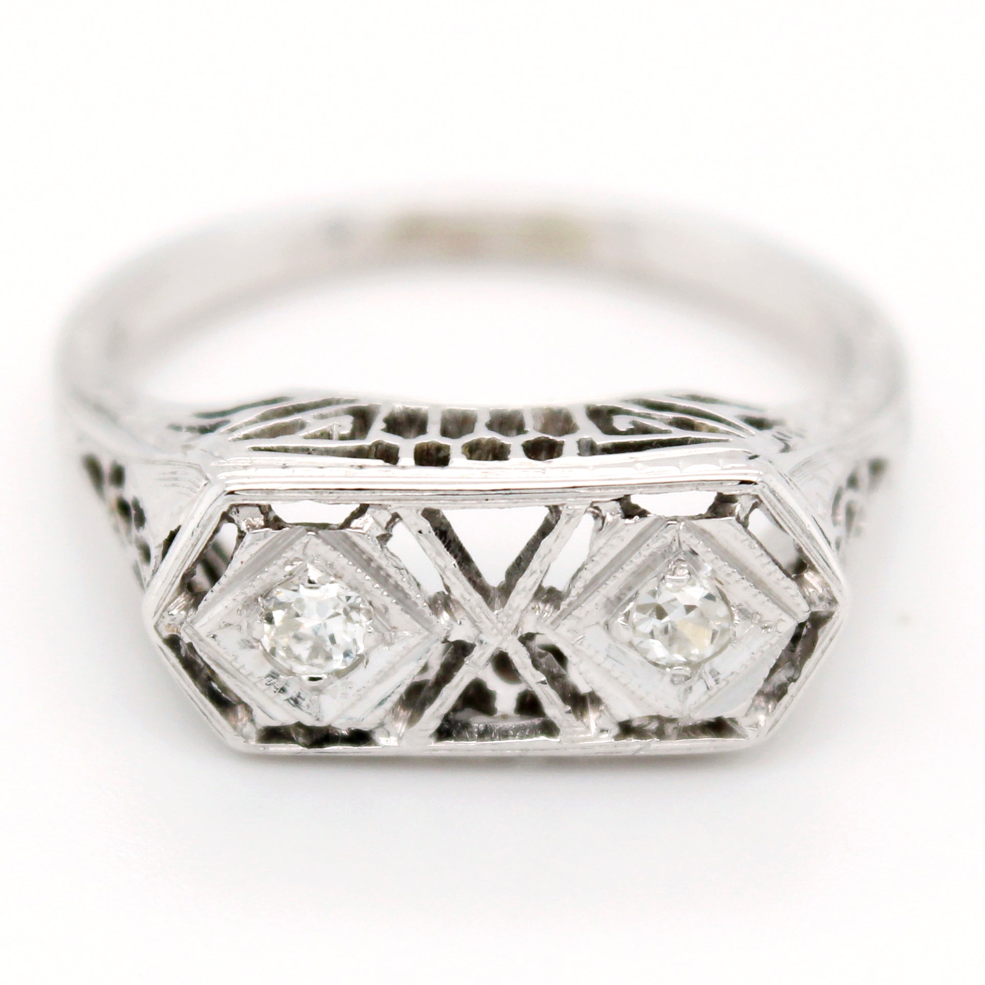 Antique Art Deco 0.15ctw Diamond Two Stone Filigree Ring in 18k White Gold