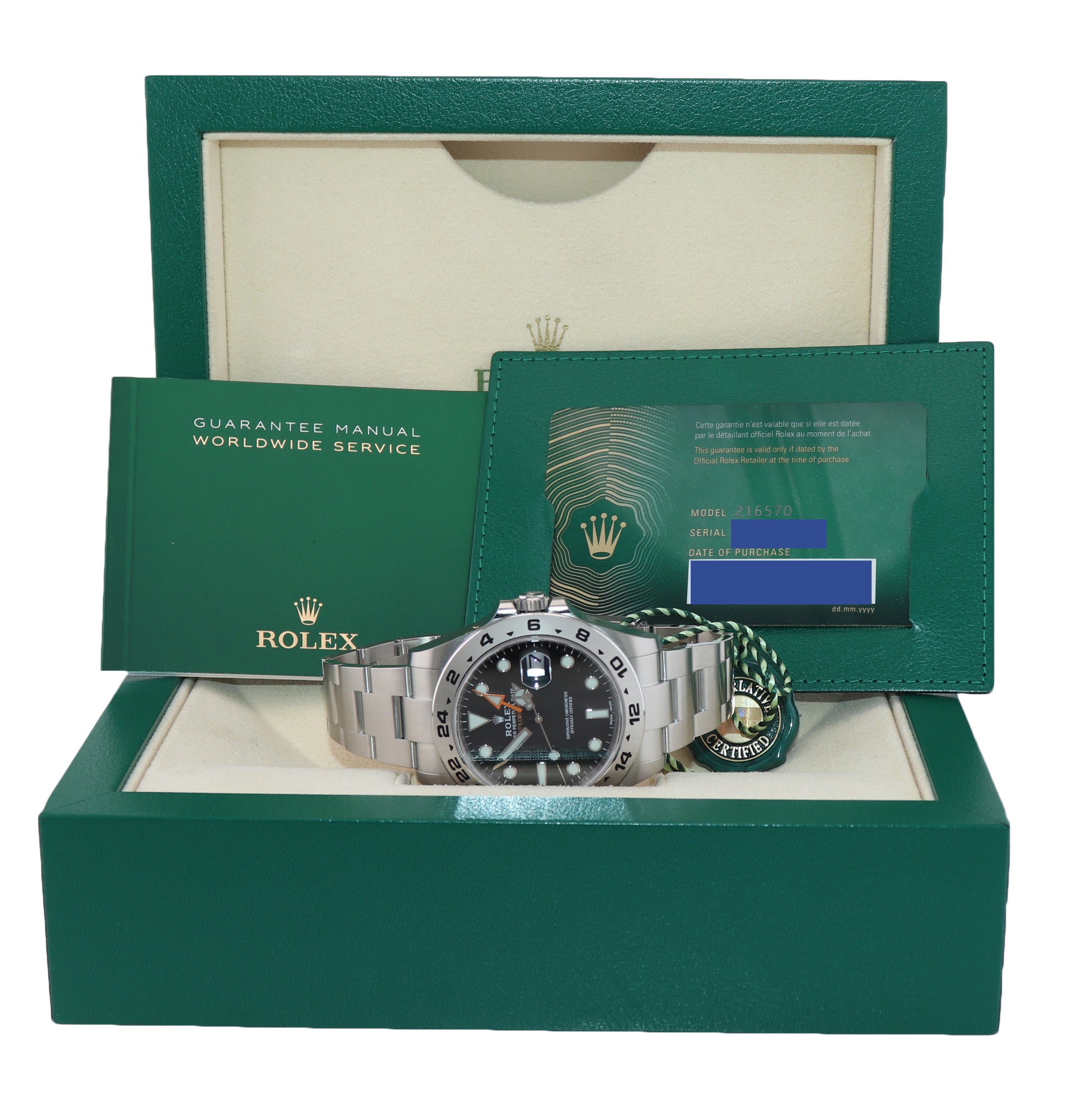 STICKERS 2021 PAPERS Rolex Explorer II 42mm 216570 Black Steel GMT Watch Box