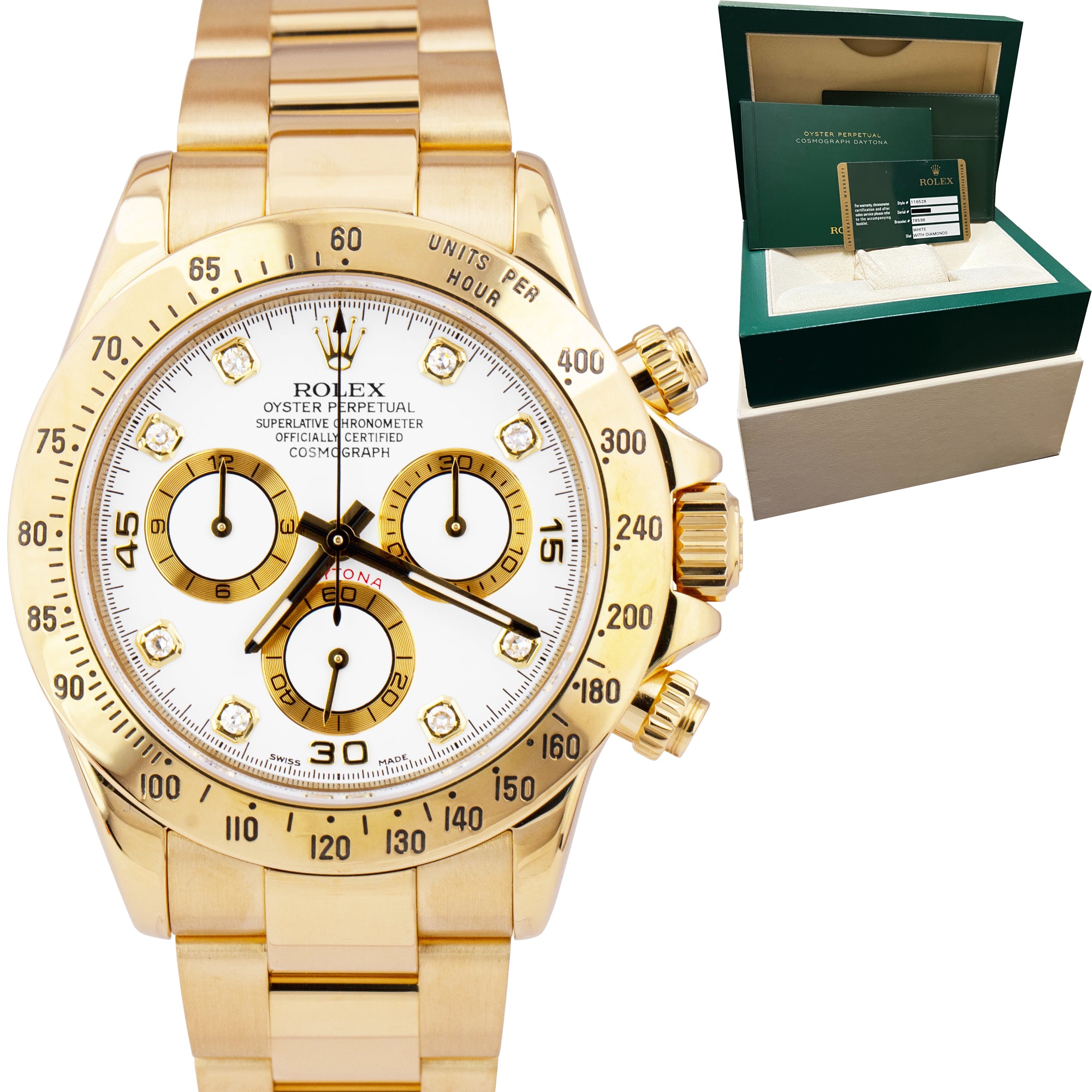 2014 Rolex Daytona 40mm White DIAMOND 18K Gold Chronograph Watch 116528 PAPERS