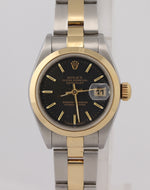 Ladies Rolex DateJust 79163 Steel 18k Gold Two Tone 26mm Tapestry Black Watch N8