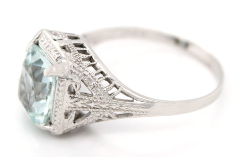 Vintage 1.15ct Emerald-Cut Aquamarine Ring in 14k White Gold | Size 5.25
