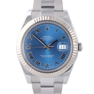 MINT 2014 PAPERS Rolex Datejust 2 BLUE ROMAN 41mm White Gold Fluted 116334 Watch