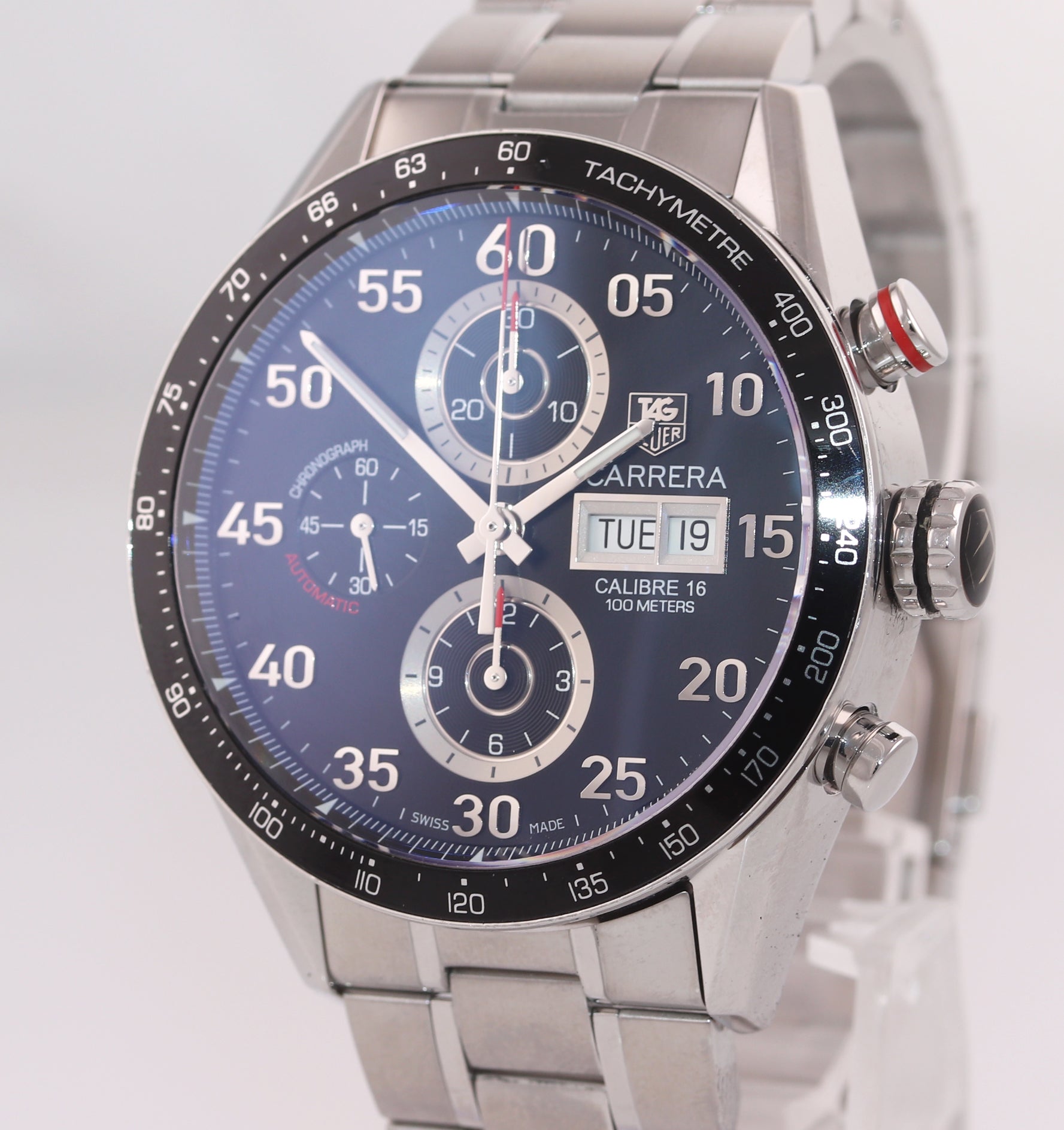PAPERS MINT TAG Heuer Carrera Calibre 16 Chronograph Day-Date 43.5mm Steel CV2A