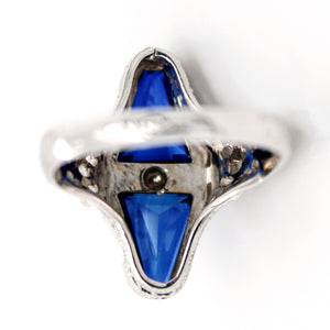 Antique Art Deco 1.80ctw Diamond & Blue Stone Cocktail Ring in 14k White Gold