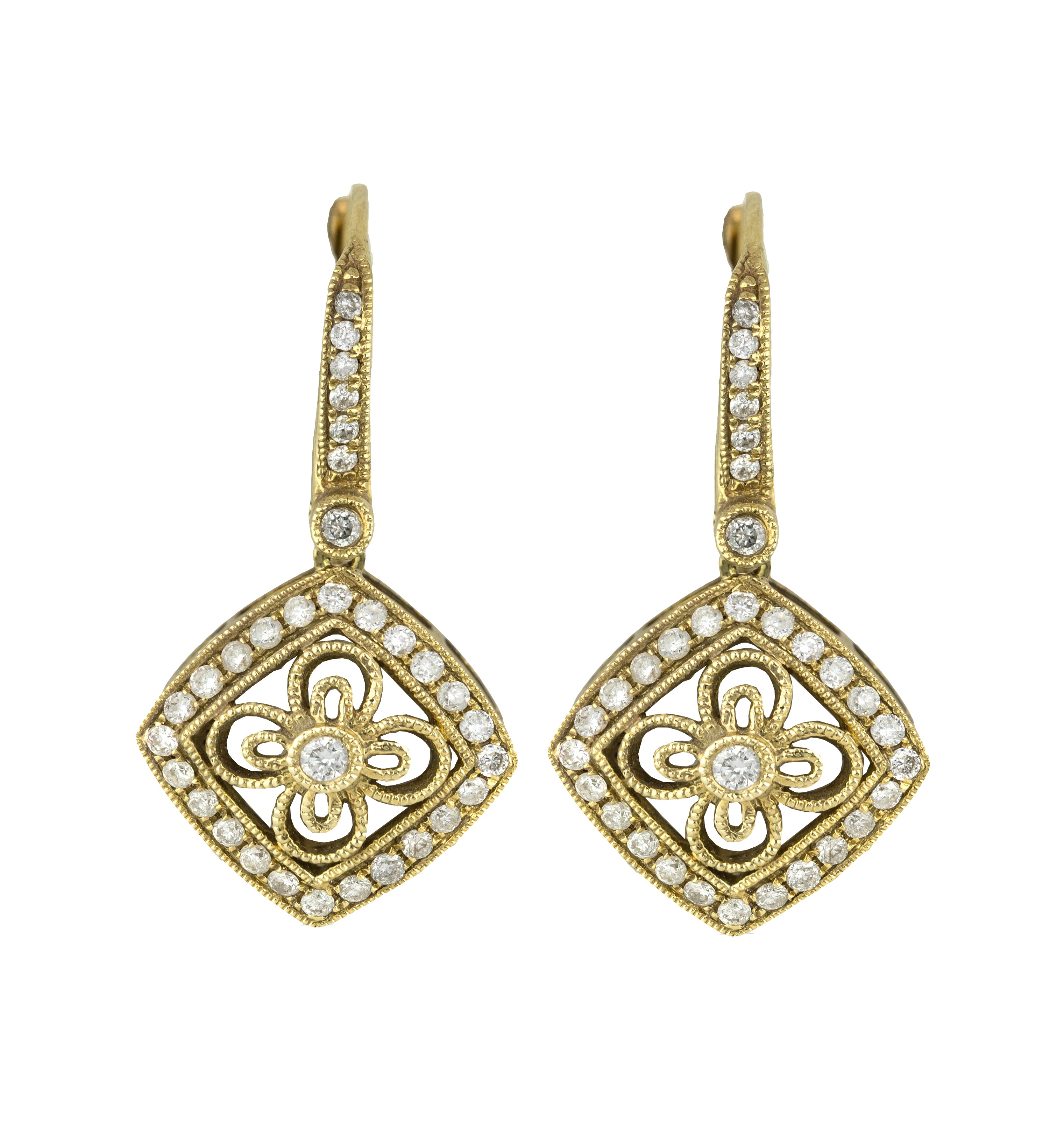 Ladies 14K Yellow Gold 0.62ctw Diamond Milgrain Floral Drop Dangle Earrings