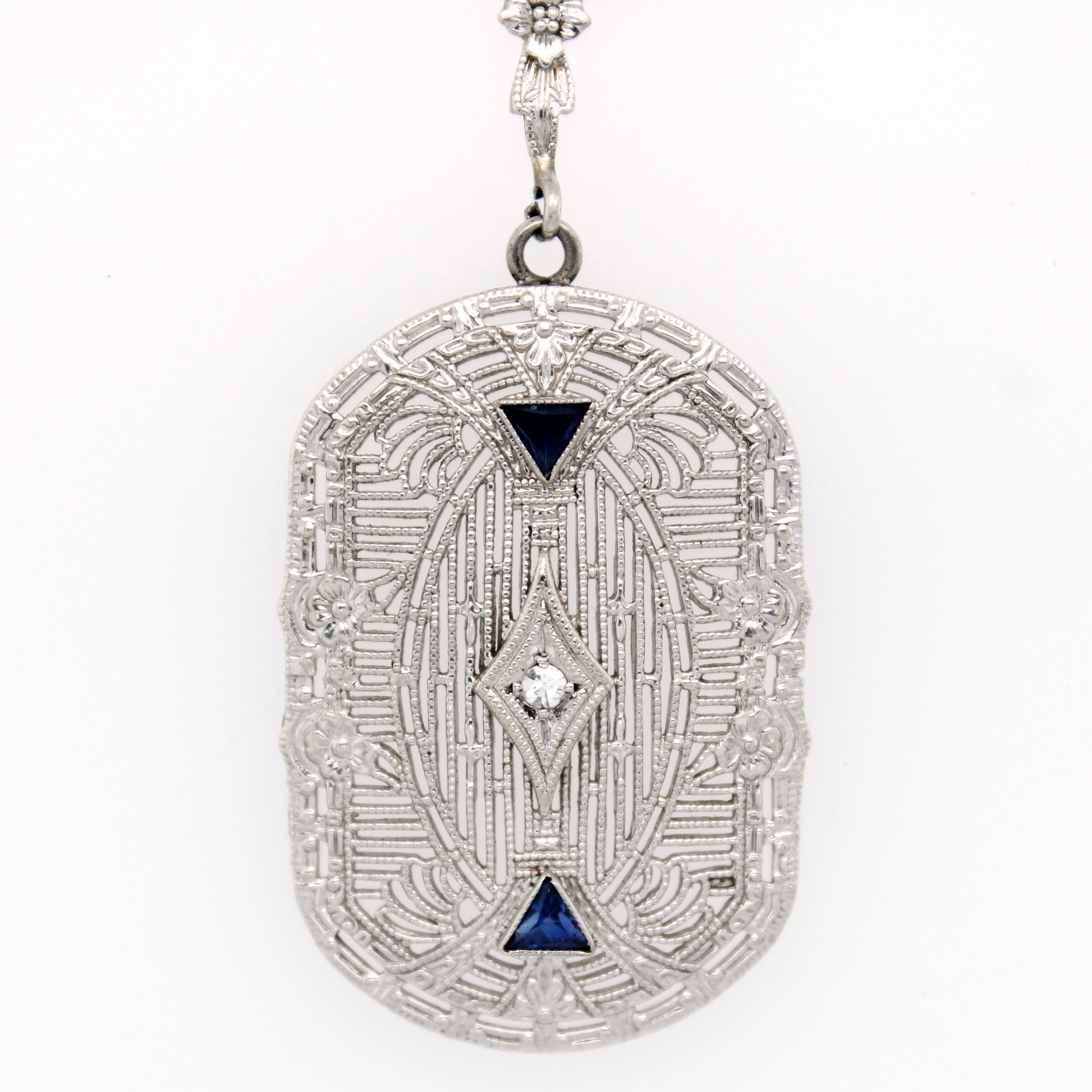 Antique Art Deco Sapphire Diamond Filigree Pendant 16" Necklace - 14k White Gold