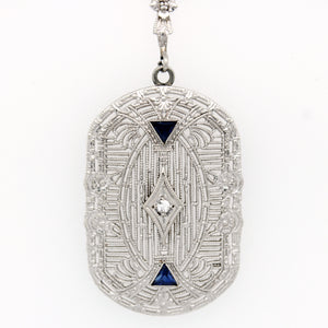 Antique Art Deco Sapphire Diamond Filigree Pendant 16" Necklace - 14k White Gold