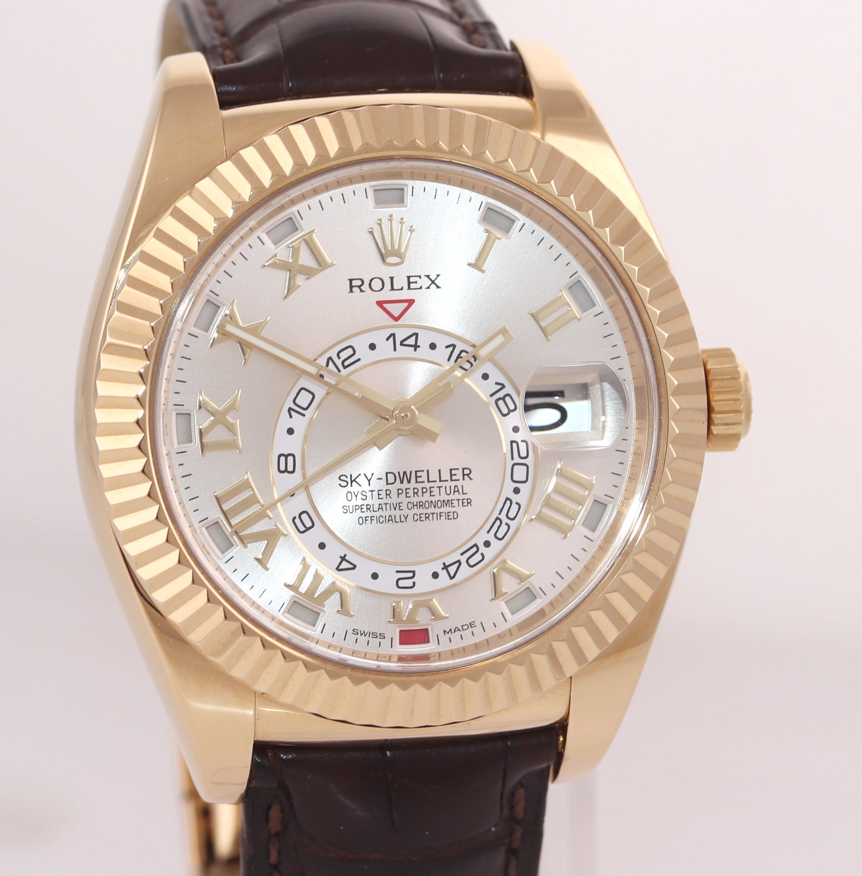 2015 BOX PAPERS Rolex Sky-Dweller 18K Gold 326138 42mm Silver Dial Leather watch