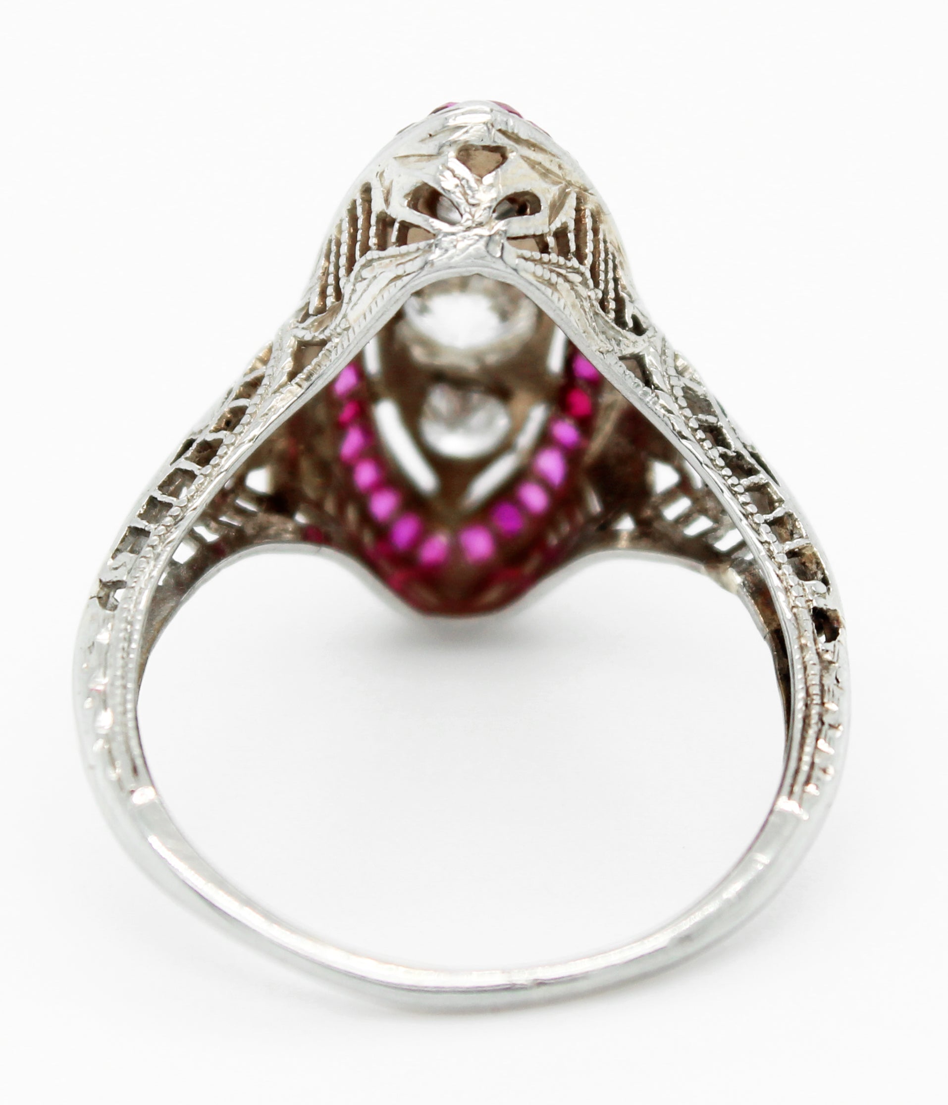 Antique Art Deco 0.50ctw Diamond & Ruby Marquise Cocktail Ring in 18k White Gold
